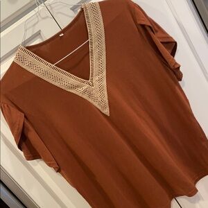 Chic Brown Short Sleeve Blouse with V-Neck. Size XXL